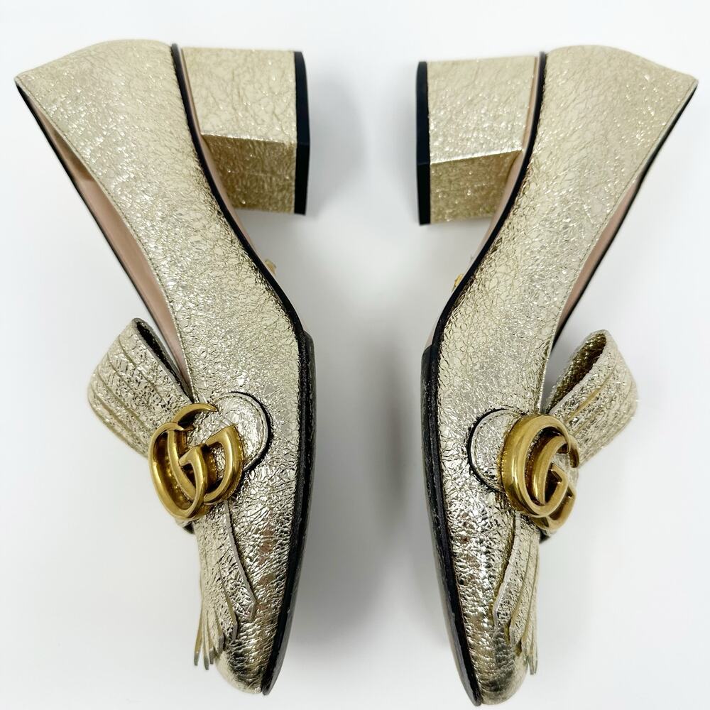 🆕 Gucci Galassia GG Platino Marmont Metallic Gold Block Loafers 37.5/7.5✨ - Picture 11 of 14
